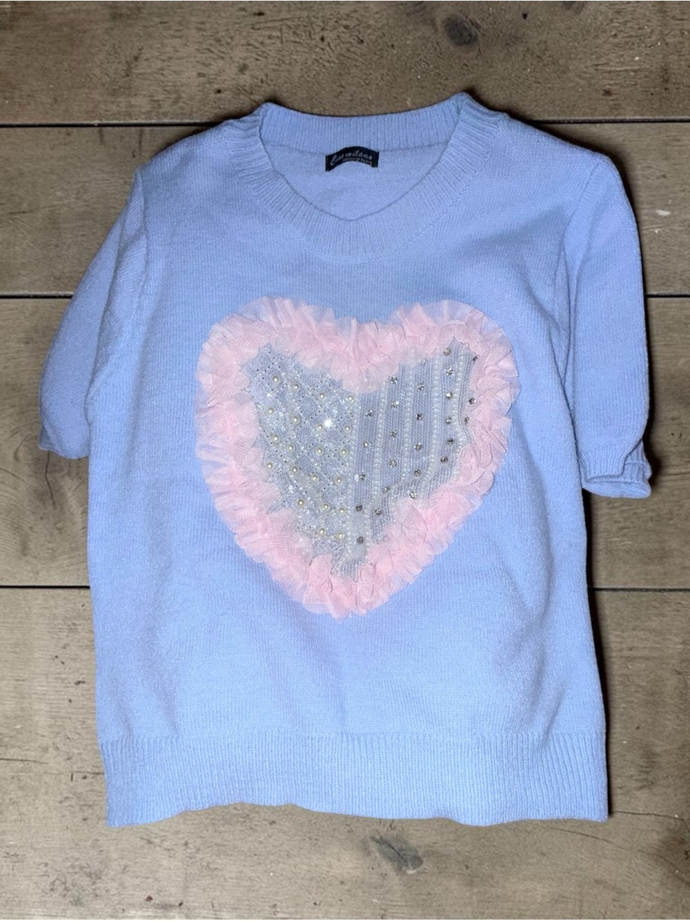 CIAO MILANO 3D HEART PEARL & TULLE EMBELLISHED BLUE SWEATER UK 12 US 8 MEDIUM